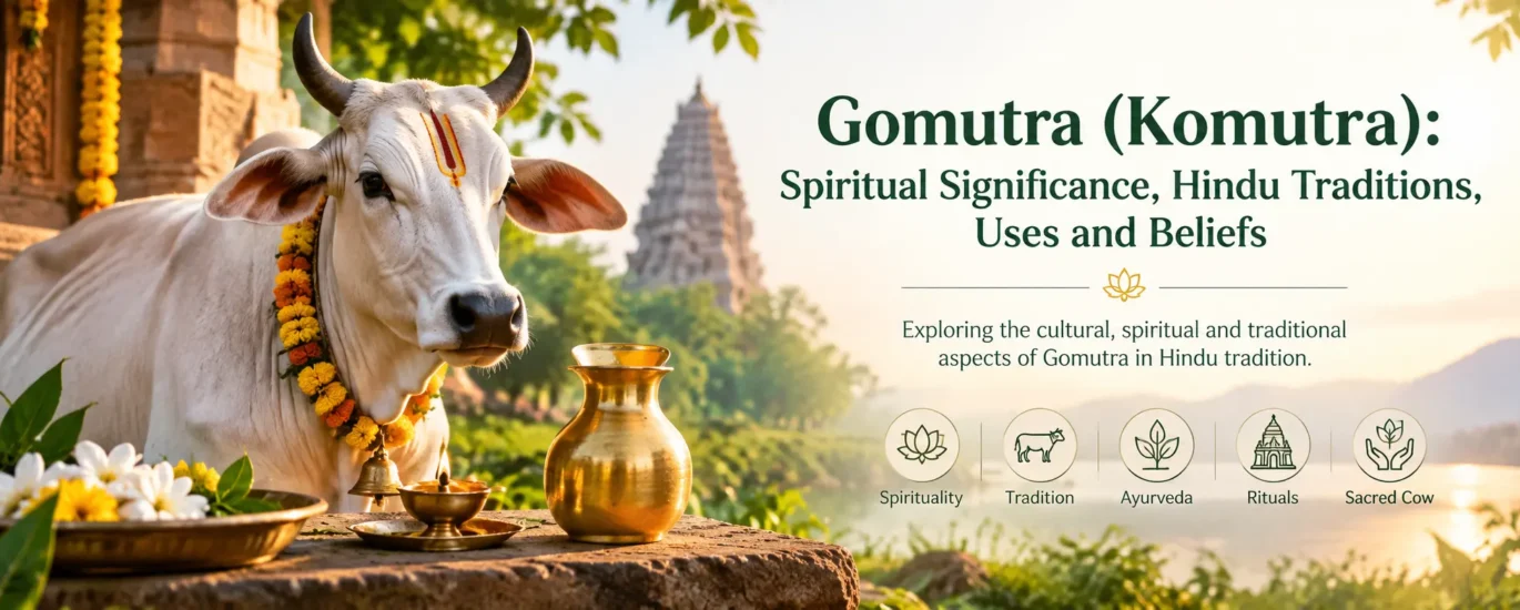 White sacred cow with puja offerings at a Hindu temple, illustrating Gomutra’s spiritual significance and traditions