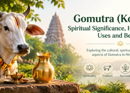 White sacred cow with puja offerings at a Hindu temple, illustrating Gomutra’s spiritual significance and traditions